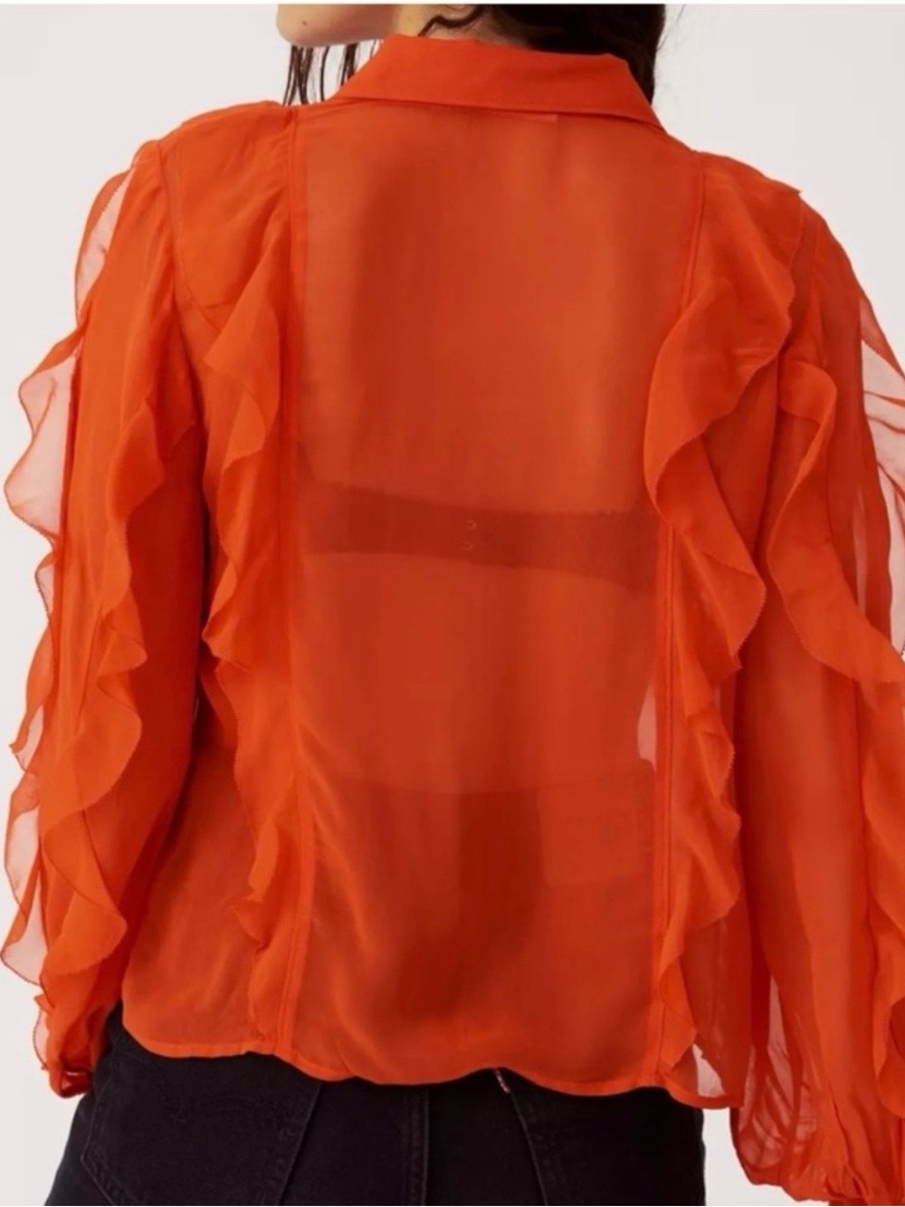 Anthropologie Maeve Sheer Ruffle Button-Up Flowy Blouse in Red/Orange - size 1x - Picture 3 of 9